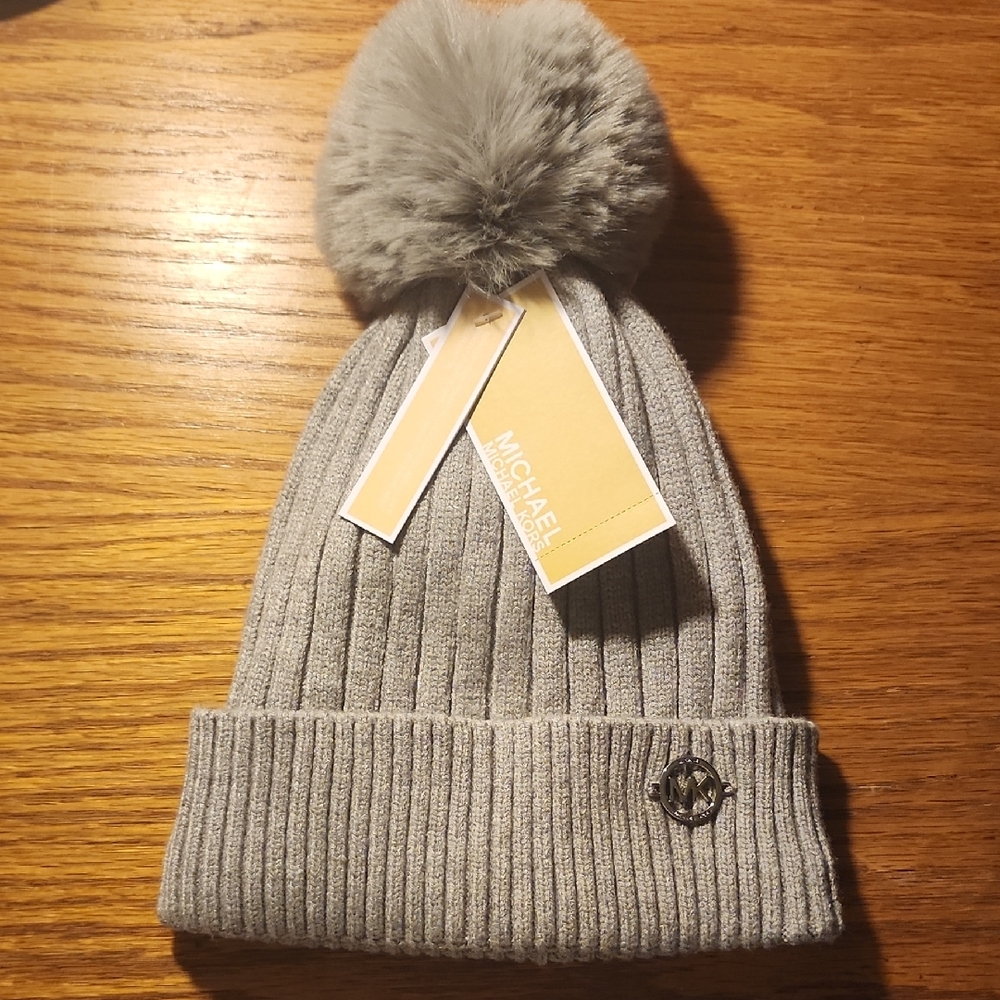 Michael Kors Light Gray Ribbed Beanie with Pom-Pom
